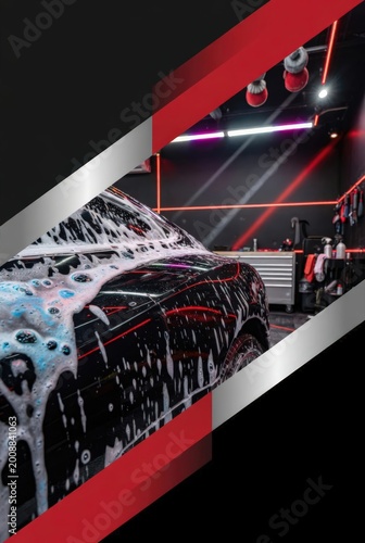 A black car covered in white foam during a professional wash, suitable for automotive service marketing, digital advertising, and social media campaigns.