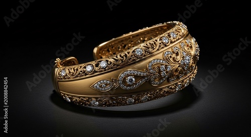 Ornate gold bracelet with diamonds set against a dark background