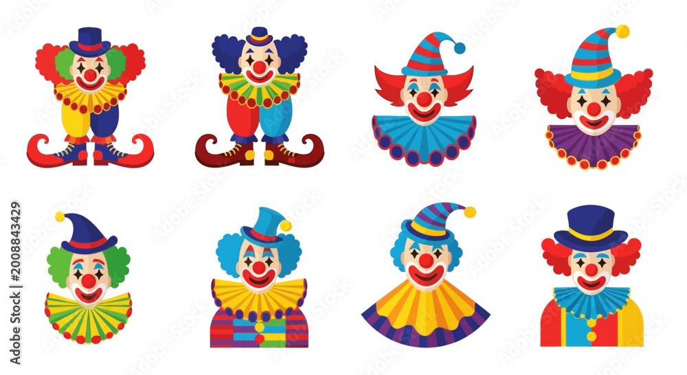 Obraz premium Set of colorful cartoon clowns, circus performers with funny costumes and makeup, isolated on white background.