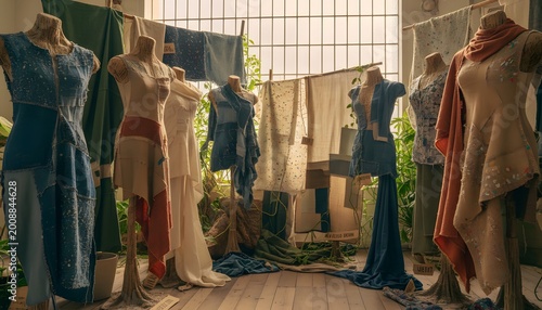 Sustainable handmade fashion displayed on mannequins in a natural  ic studio setting