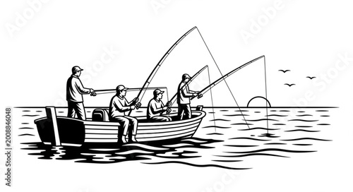 Group of People Fishing on a Small Boat in Water.