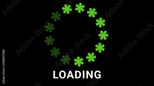 Circular loading animation with green snowflake icons rotating on black background, winter themed progress indicator