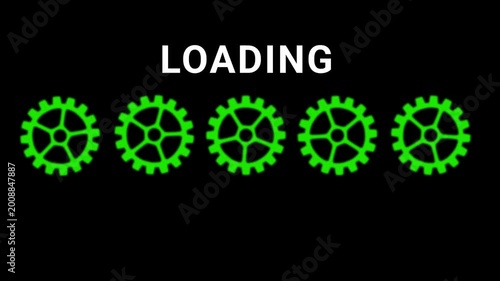 Green gear loading animation on black background, rotating icons showing progress, technology and processing concept