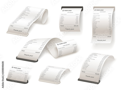 Purchase receipt slot. Realistic paper bill from pos terminal slots, atm check slip ticket tax order payment cash pay restaurant pos print 3d cheque set garish vector illustration