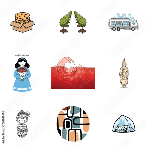 Collection of diverse vector illustrations and character icons