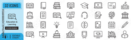 Obraz na płótnie Set of 32 books, online course, school, knowledge icons Each icon will be differ