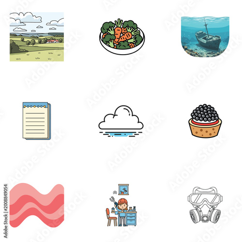 Abstract Grid Illustration with Nature and City Elements