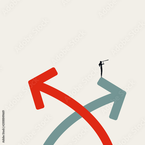 A minimal vector concept illustration of a businesswoman with a telescope standing on crossing red and grey arrows, representing strategic decision making, future vision, and choosing a career path.
