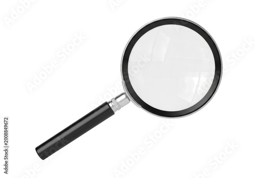 A classic handheld magnifying glass with a round lens and a black handle for viewing small items isolated on transparent background