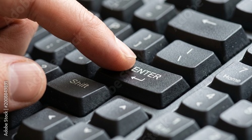 Finger pressing enter key on computer keyboard - submit confirm execute and decision concept made by AI generative