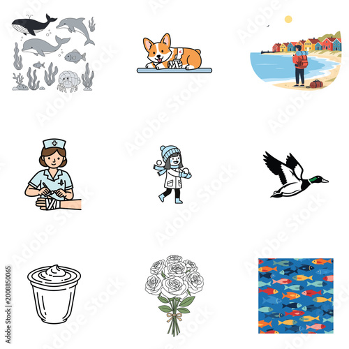 Abstract Digital Illustration with Sea Life and Blue Grid Pattern