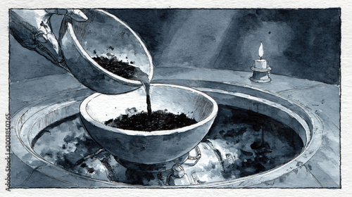 Dark Ritual Ink Offering Poured into Stone Ceremonial Bowl by Candlelight