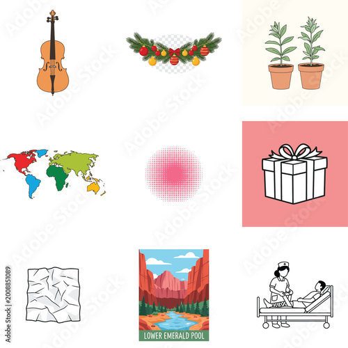 Abstract Digital Illustration with Violin Plants and Festive Ornaments