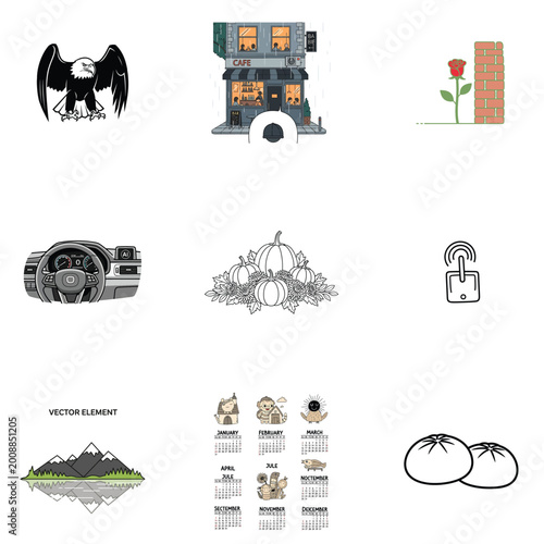 Vector Icon Set Featuring Eagle Cafe and Automotive Gauges