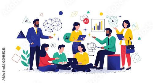 Diverse team collaborating on AI projects, innovation, and technology development