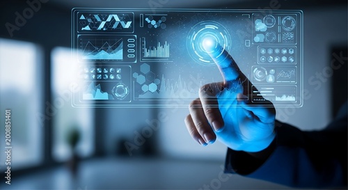 A person's hand interacts with a glowing blue digital holographic interface containing multiple data charts and graphs in a dark indoor setting.