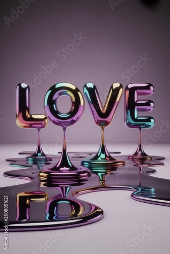 Colorful glossy love word letters with liquid reflection on soft background romantic typography design