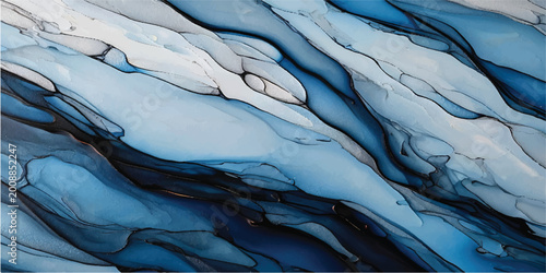 Fotografie Abstract flowing blue and white ink texture background with abstract background