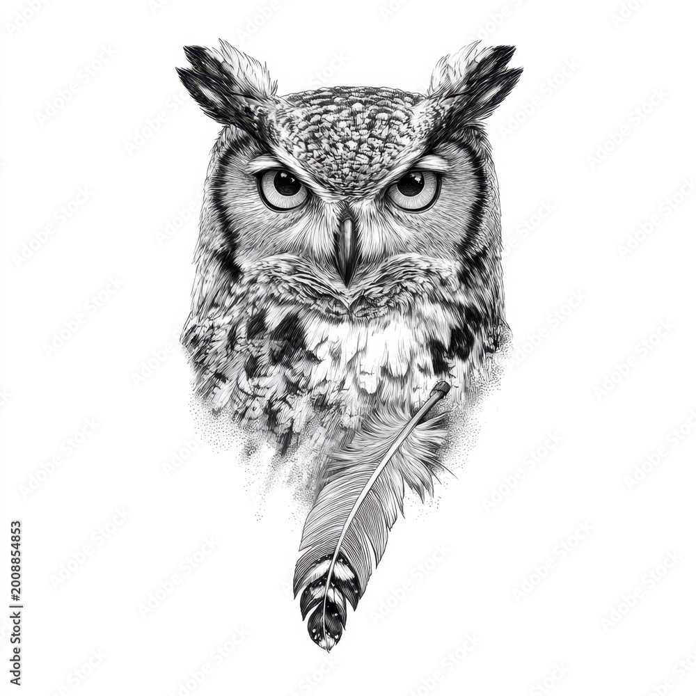 Obraz premium Detailed black and white ink drawing of an owl head with a single feather, artistic owl portrait for tattoos, t-shirt prints, wildlife logos, and gothic or nature-inspired graphic design.
