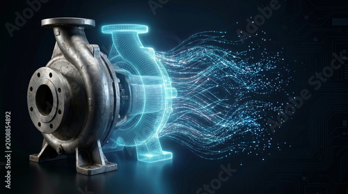 Industrial pump transforming into digital wireframe with data streams on dark circuit board background for engineering simulation and IoT.
