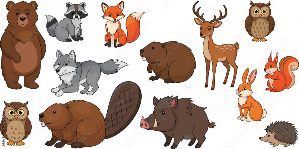 Fototapeta premium Set of Flat Vector Forest Animals Featuring Grizzly Bear Moose Wolf and Fox Isolated on White Background