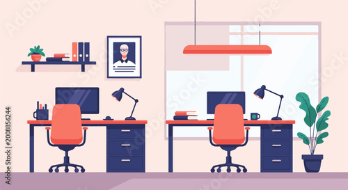Modern office with two desks, chairs, computers, lamps, and decor