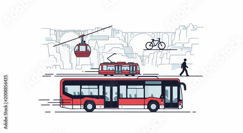 Multiple modes of transport including a bus, tram, cable car, and bicycle in a city with bridges