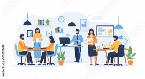 Office workers collaborate around desks with computers and charts, illustrating teamwork and productivity