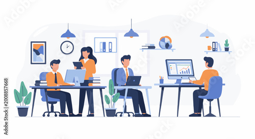 Office workers collaborate at desks with computers and charts