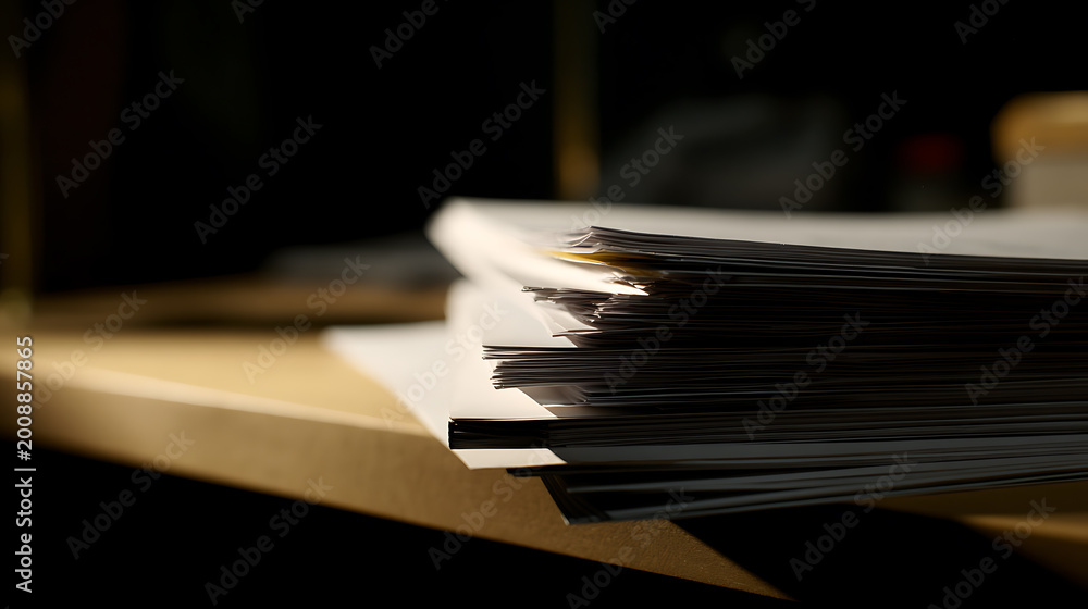 Obraz premium Stack of Important Documents and Papers on a Desk Illustrating Business, Office Work, Administration, and Bureaucracy Overload