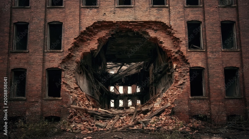 Fototapeta premium Abandoned Building with Crumbling Walls and Ominous Atmosphere Captured in Dark View of Urban Decay and Neglect