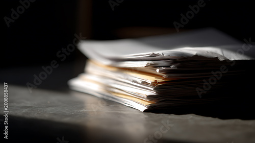 Stack of Important Documents and Papers on a Table Under Harsh Light, Symbolizing Bureaucracy, Workload, and Administrative Tasks