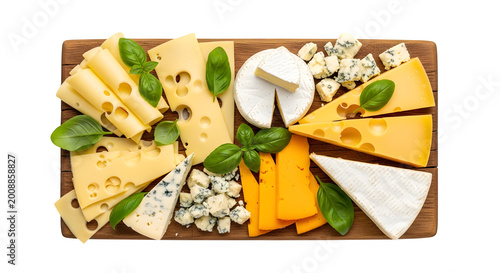 Assorted gourmet cheese board with various types of cheese and fresh green basil leaves isolated on transparent background