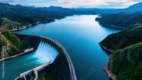 Powerful hydroelectric dam releasing water from a vast reservoir, surrounded by majestic green mountains.