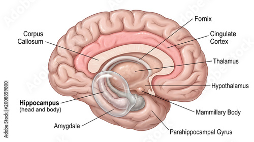 Medial brain illustration emphasizing the hippocampus head and body as part of the limbic system, along with amygdala, parahippocampal gyrus, mammillary body, thalamus, hypothalamus, corpus callosum, 