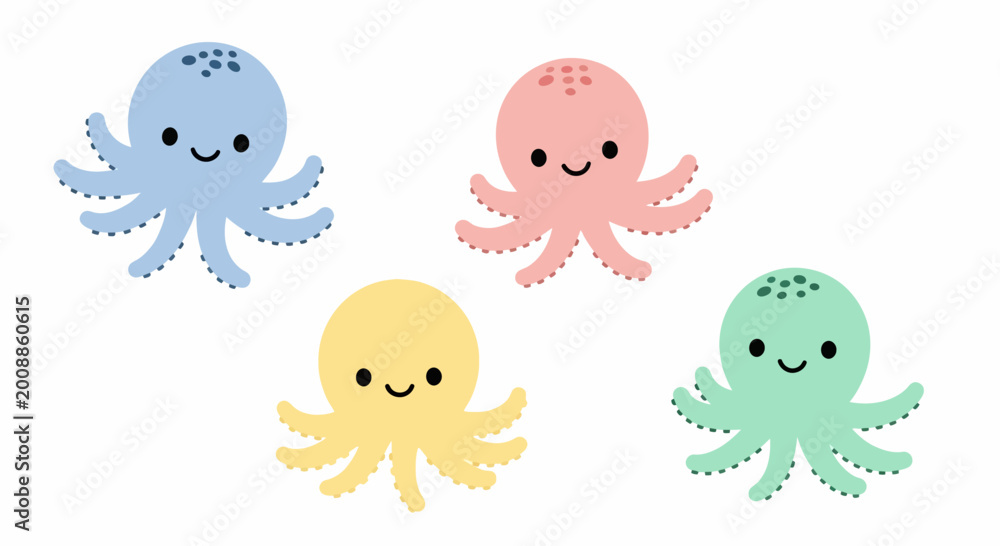 Fototapeta premium Cute Colorful Octopuses, Kawaii Style, Baby Sea Creatures, Vector Illustration