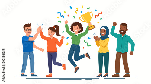 A Diverse Group of People Celebrating Success with a Trophy and Confetti - Illustrating Achievement and Teamwork
