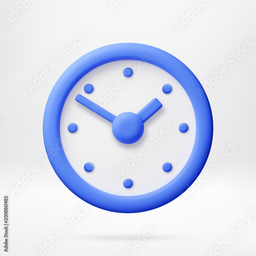 3D Blue clock icon representing time management and schedule. Analog watch face for productivity, deadline planning, and appointment setting in digital business design. Vector illustration