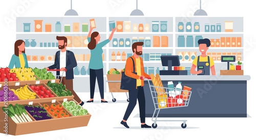 People shopping for groceries in a supermarket store, Generative AI.