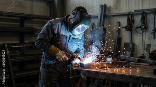 Professional welder in protective gear working in a metal workshop with sparks flying