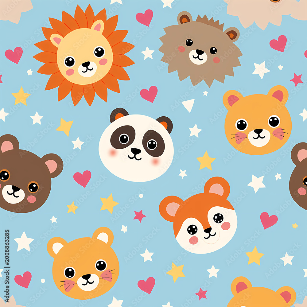 Fototapeta premium Colorful Wild Animal Seamless Pattern Vector Background for Fabric and Wallpaper