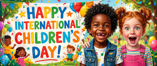 Happy children celebrating International Children's Day with balloons  