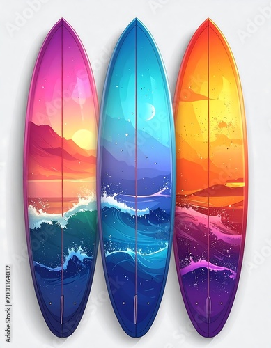 Three colorful surfboards leaning against a white background; each depicts a vibrant ocean landscape with sunsets