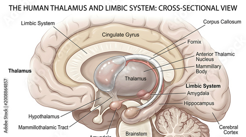 Cross‑sectional view of the human thalamus and limbic system highlighting cingulate gyrus, corpus callosum, fornix, anterior thalamic nucleus, mammillary body, hypothalamus, hippocampus and amygdala a