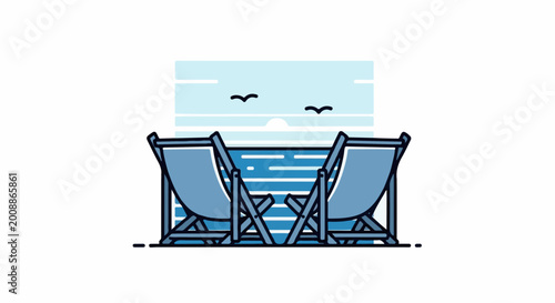Two blue deck chairs face a serene ocean with a gentle sunrise and two birds flying