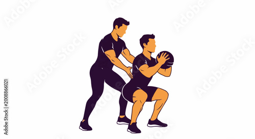Two figures in athletic attire perform a medicine ball squat exercise