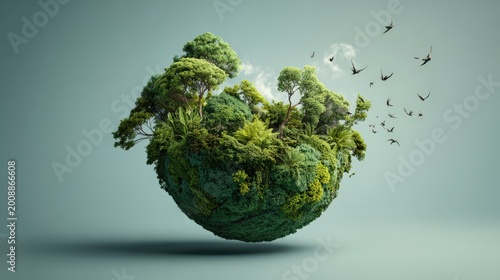 Floating globe of lush forest vegetation floats in the air with birds flying nearby.