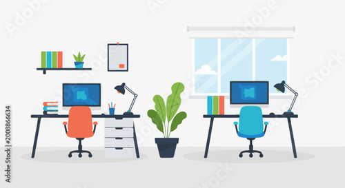 Two modern office desks with computers, chairs, plants, and books