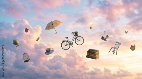 Surreal Floating Everyday Objects in Pastel Sky with Dreamy Clouds and Cinematic Light