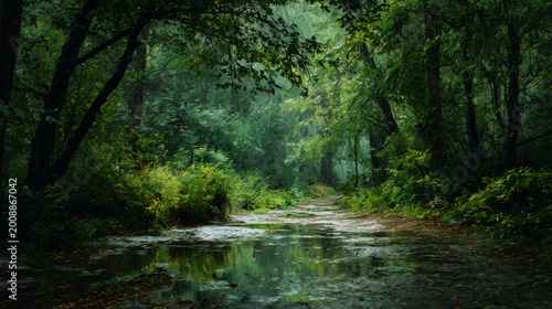 Refreshing Forest Landscape After Rain with Misty Green Nature